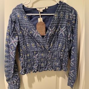 Forever That Girl Anthropologie Women’s Blue Top Blouse Smocked Cotton Size XS
